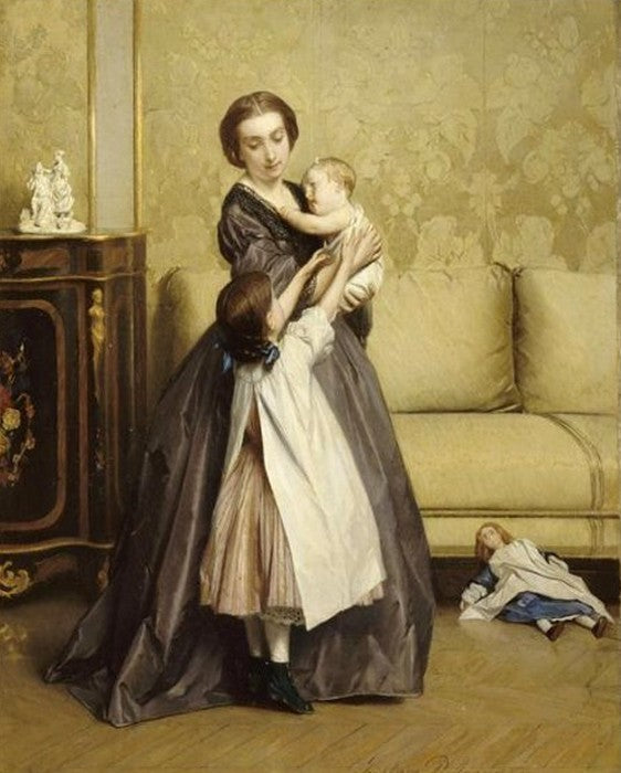 Jeune mere et ses enfants dans un salon, vintage artwork by Gustave-Leonard de Jonghe, 12x8" (A4) Poster