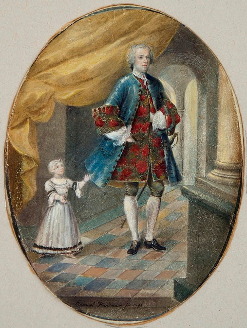 Portrait of a Man with a Child, vintage artwork by Emmanuel Jakob Handmann, 12x8" (A4) Poster