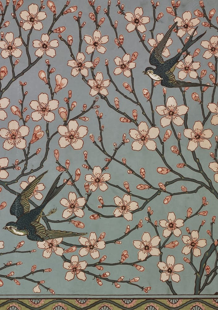 Almond Blossom and Swallow (Wallpaper Design), vintage artwork by Walter Crane, 12x8" (A4) Poster