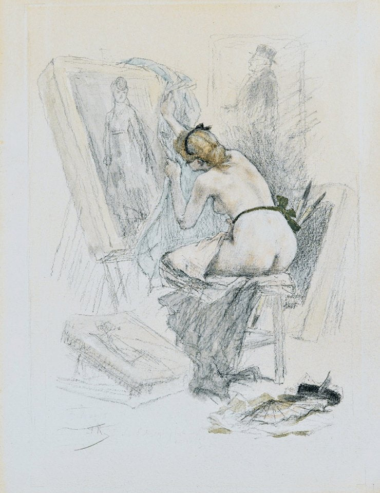Jeune femme nue devoilant un tableau, vintage artwork by Felicien Rops, 12x8" (A4) Poster