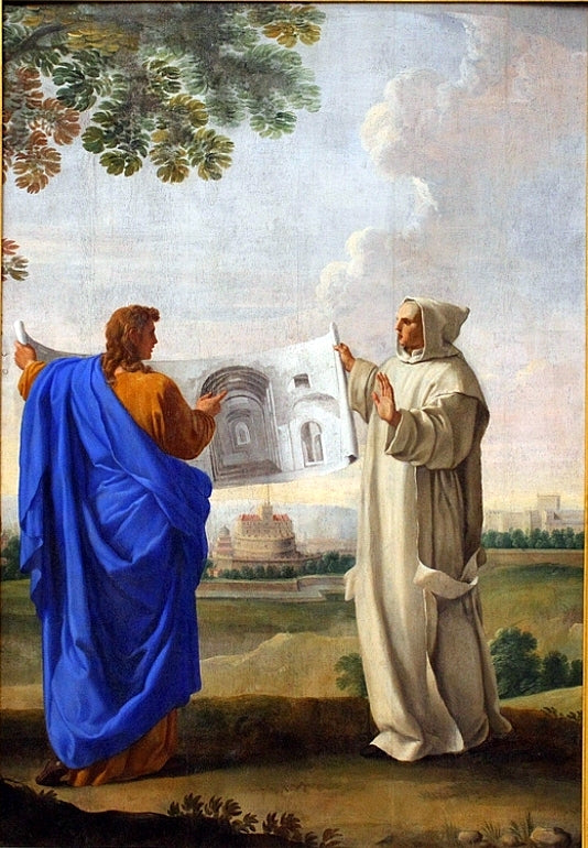 Life of Saint Bruno, Saint Bruno Examining A Drawing Of The Baths Of Diocletian, vintage artwork by Eustache Le Sueur, 12x8" (A4) Poster