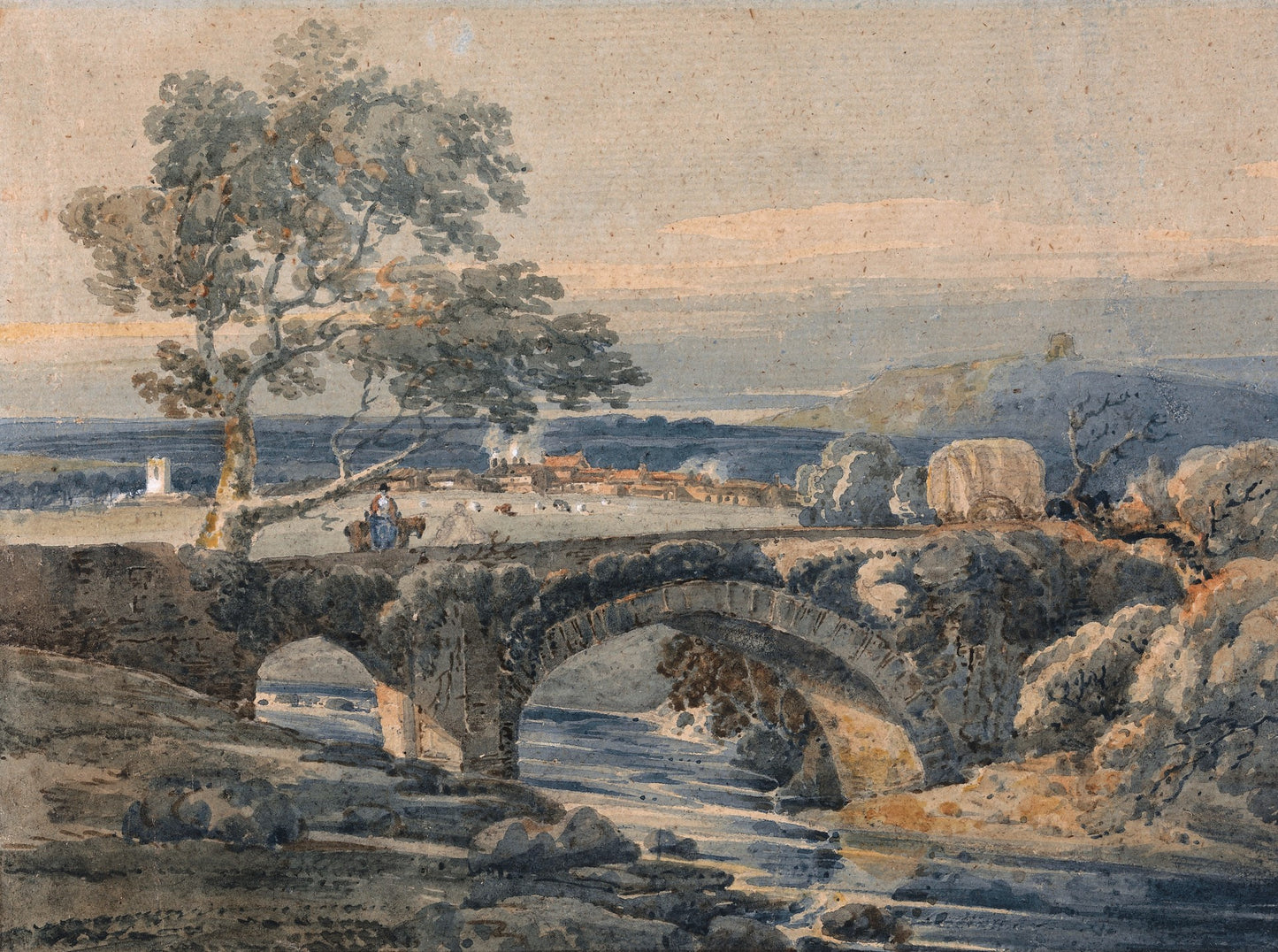 The Old Bridge in Devon, vintage artwork by Thomas Girtin, 12x8" (A4) Poster