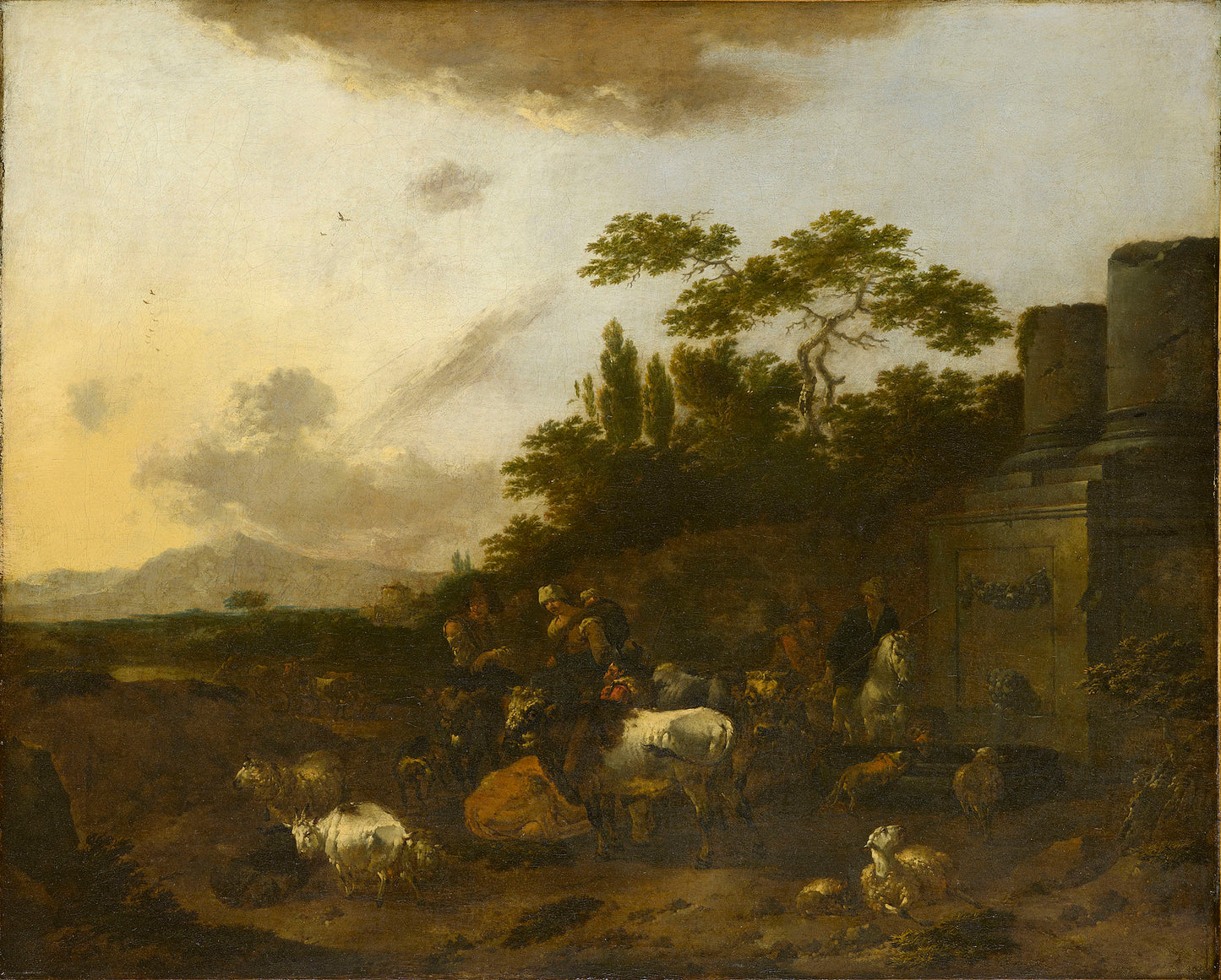 Landscape with Figures and Cattle Drinking at a Fountain, vintage artwork by After Nicolaes Berchem, 12x8" (A4) Poster