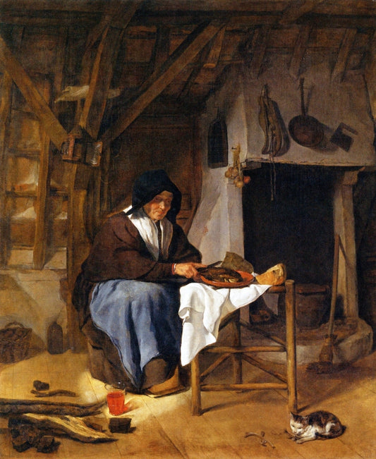 An Old Woman at Her Meal, vintage artwork by Gabriël Metsu, 12x8" (A4) Poster