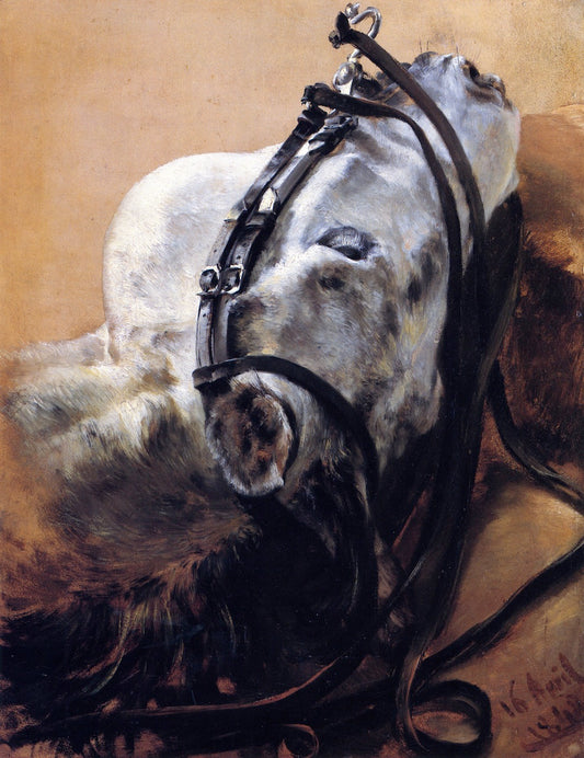 Head of Horse Wearing Bridle, Lying Down, vintage artwork by Adolph von Menzel, A3 (16x12") Poster Print