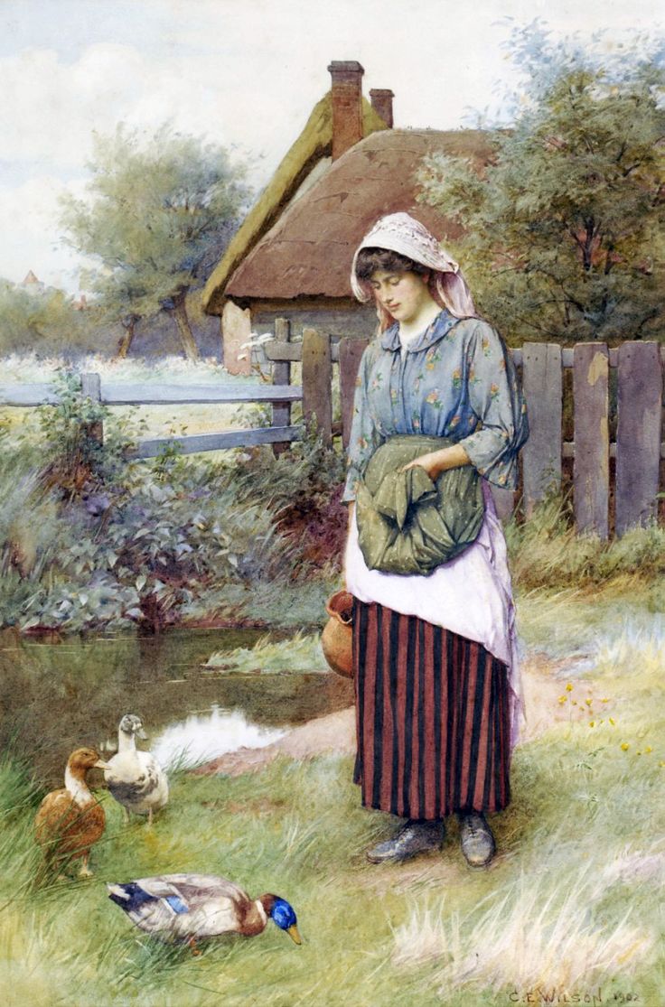 Girl standing beside a stream, ducks in the foreground, vintage artwork by Charles Edward Wilson, 12x8" (A4) Poster