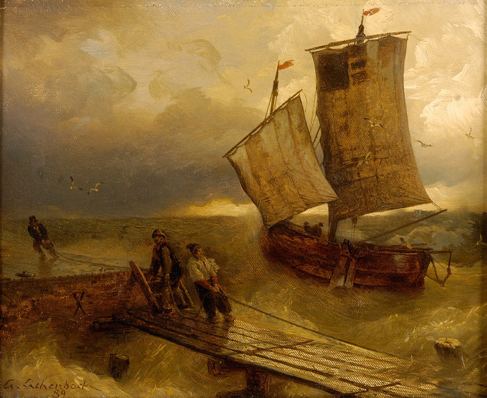 Landing of fishing boats, vintage artwork by Andreas Achenbach, A3 (16x12