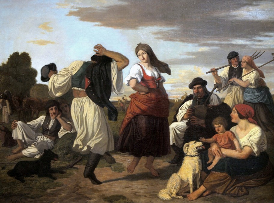 Peasants Dancing Harvest celebration, vintage artwork by Károly Lotz, 12x8" (A4) Poster