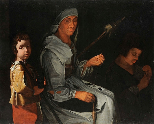 Woman Spinning with Two Children, vintage artwork by Maestro della tela Jeans, 12x8" (A4) Poster