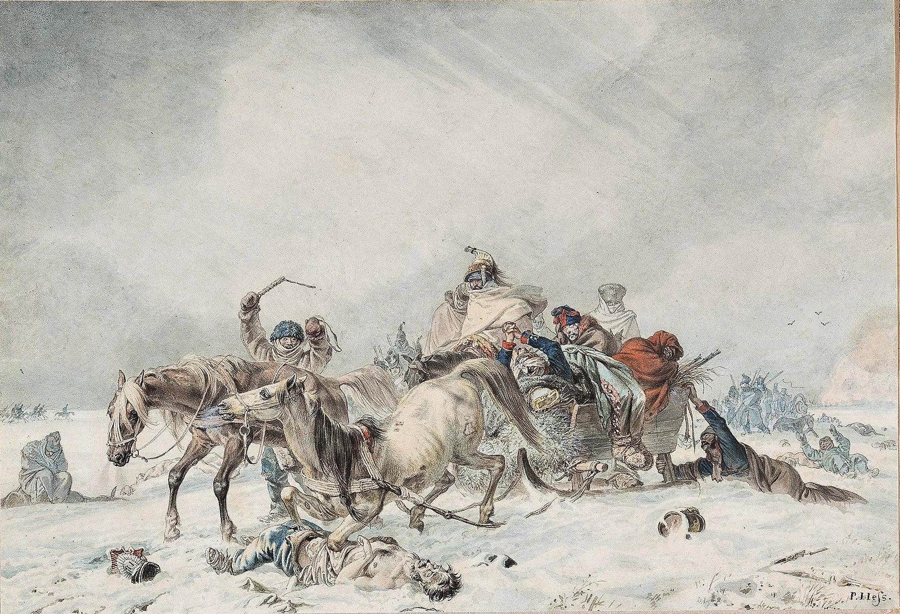 Flight of the French from Russia in 1812, vintage artwork by Peter von Hess, 12x8" (A4) Poster