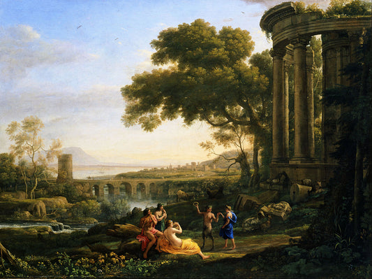 Landscape with Nymph and Satyr Dancing, vintage artwork by Claude Lorrain, 12x8" (A4) Poster