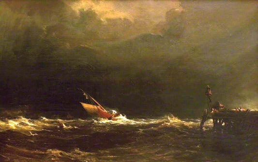 Sailing Boat in Rough Seas off a Jetty, vintage artwork by Anthony Vandyke Copley Fielding, 12x8" (A4) Poster