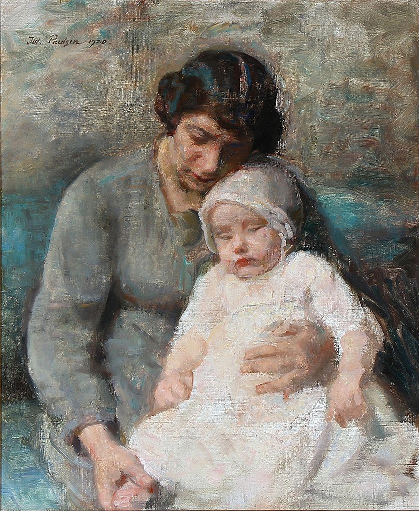 Portrait of a mother with her daugther, vintage artwork by Julius Paulsen, 12x8" (A4) Poster