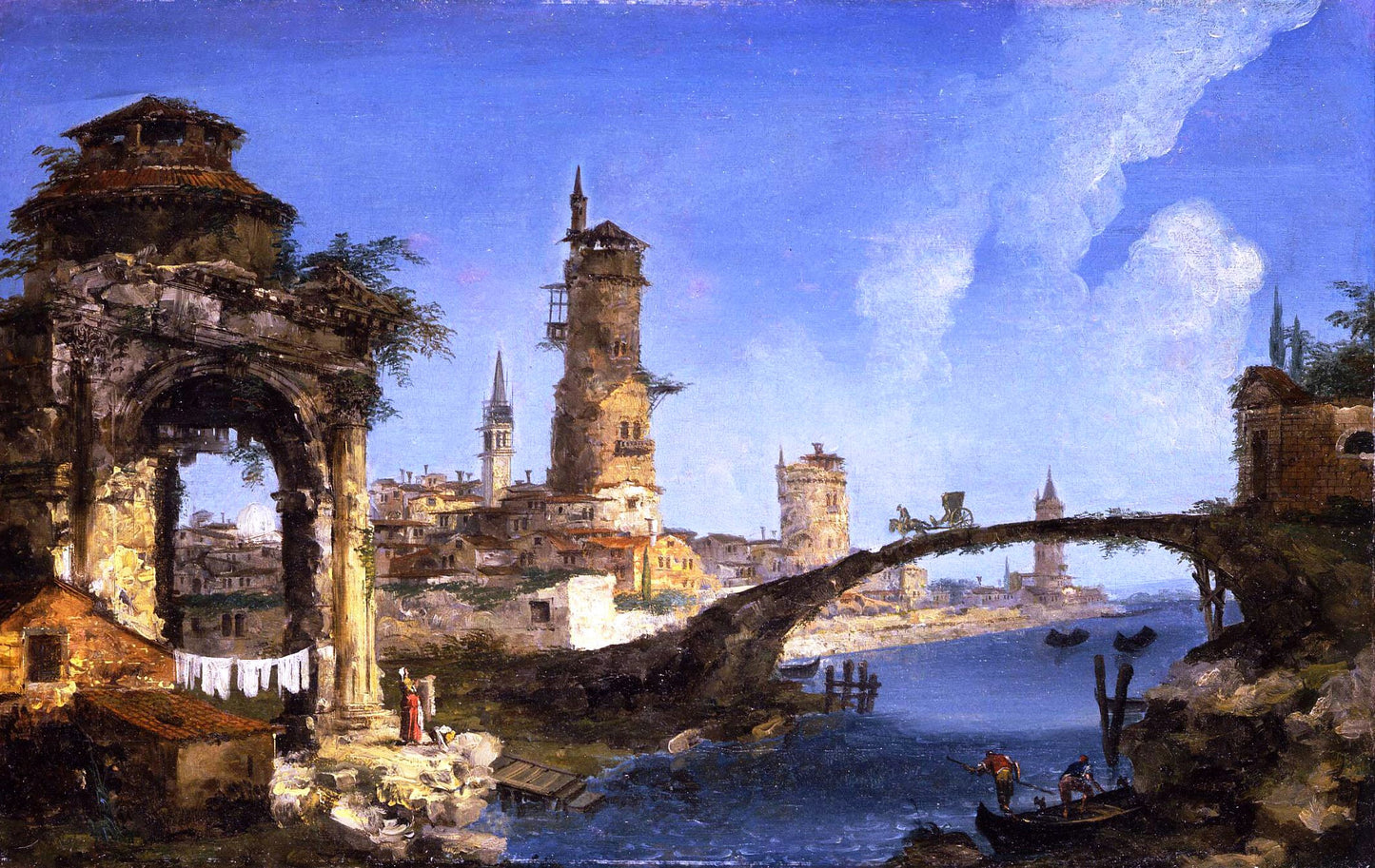 Capriccio with ruined arch, medieval tower and bridge, vintage artwork by Michele Giovanni Marieschi, 12x8" (A4) Poster