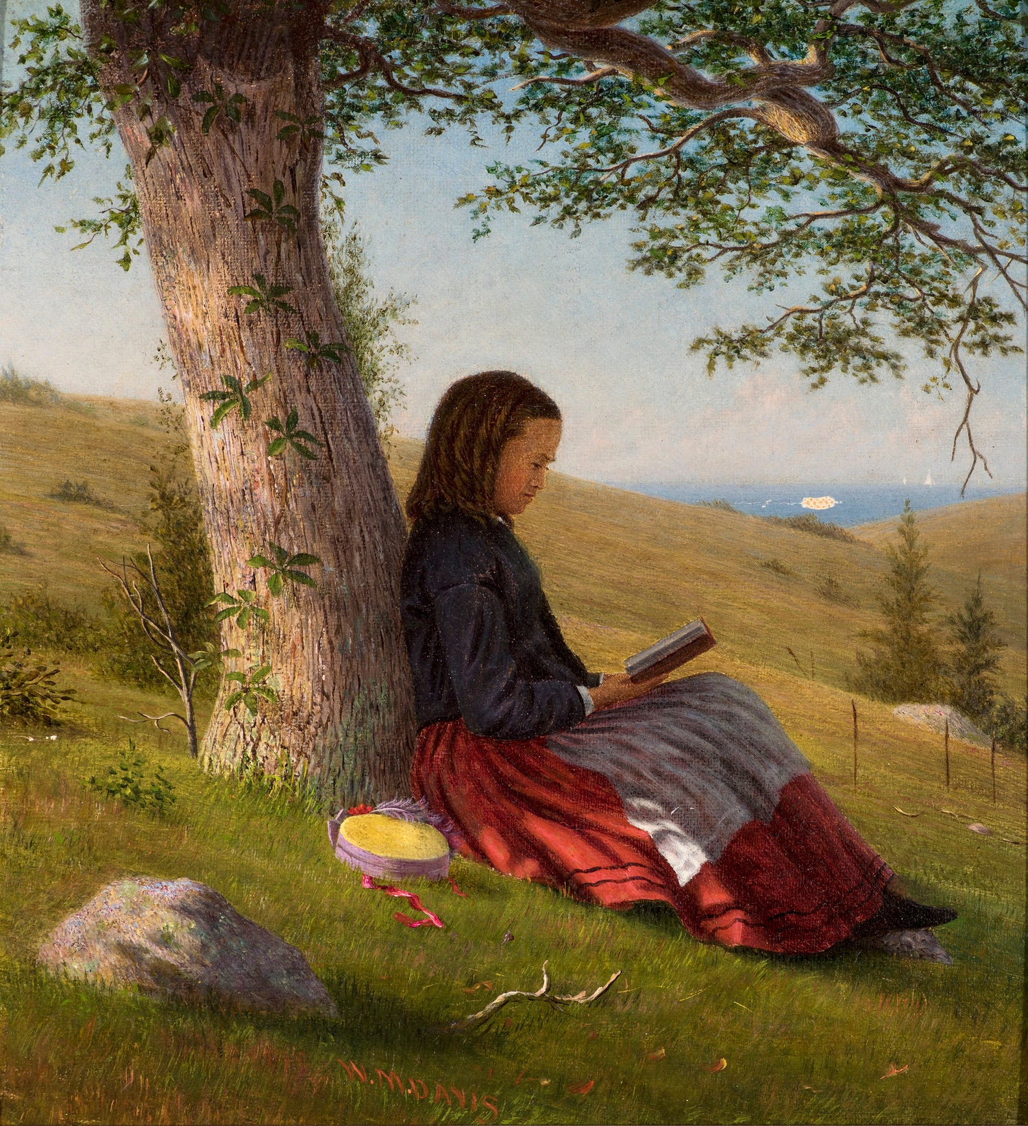 Young Girl Reading by  a Tree, vintage artwork by William Moore Davis, 12x8" (A4) Poster