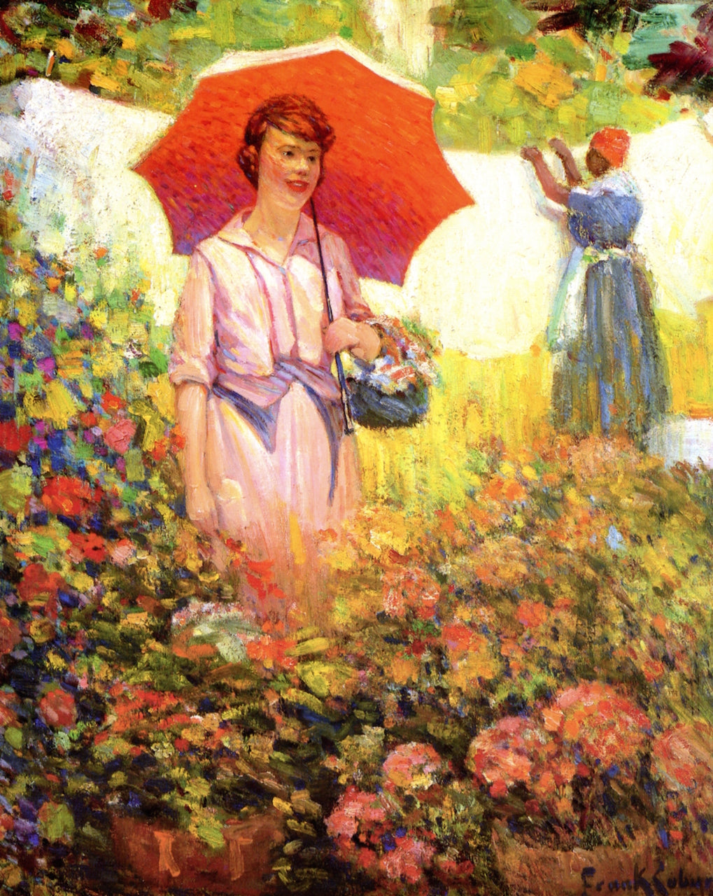 Pink Lady With Parasol in Flower Garden, vintage artwork by Frank Coburn, 12x8" (A4) Poster