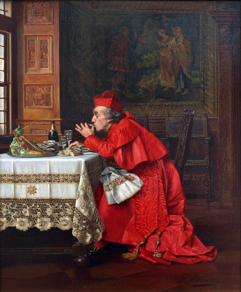 Cardinal eating oysters and drinking champagne, vintage artwork by Francois Brunery, 12x8" (A4) Poster