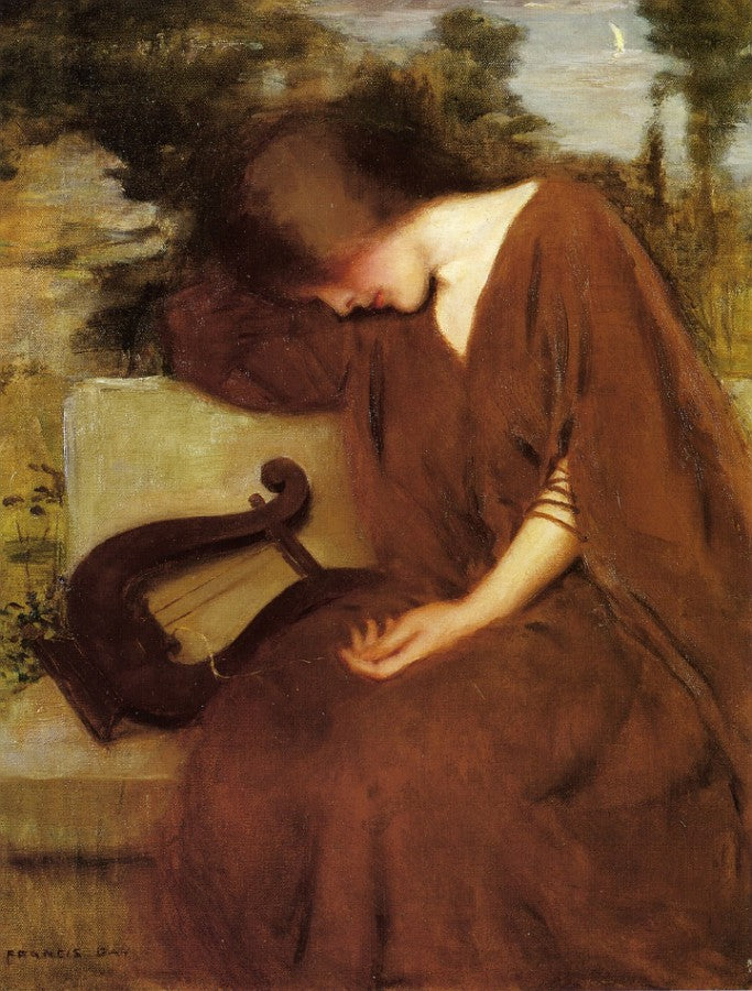 Woman with Lyre on a Bench, vintage artwork by James Francis Day, 12x8" (A4) Poster