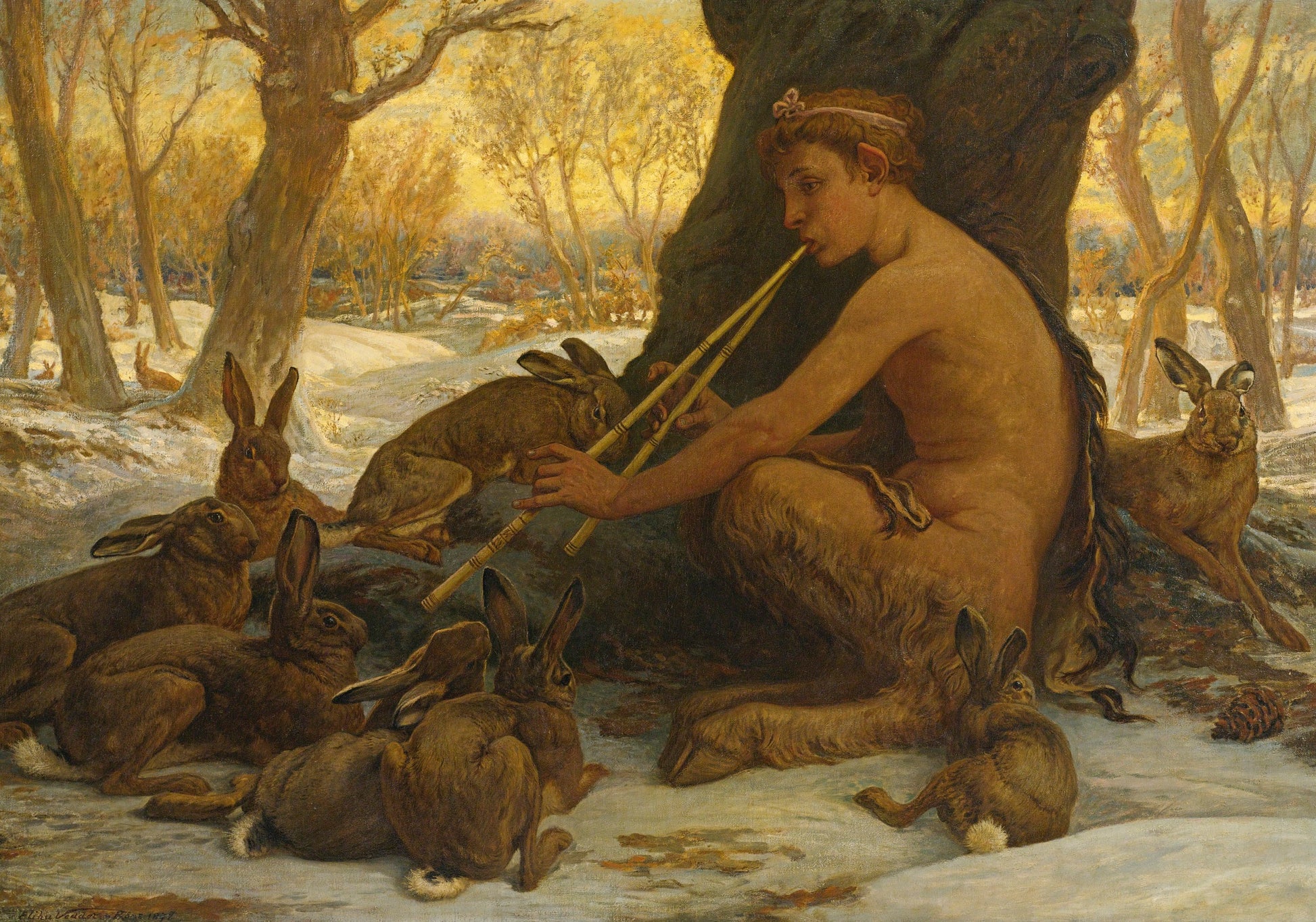 Marsyas enchanting young hares, vintage artwork by Elihu Vedder, 12x8" (A4) Poster