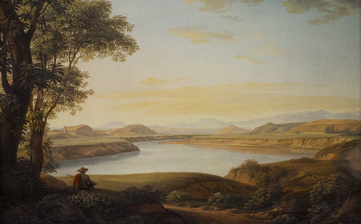 View of the Tiber at the Source of Acqua Acetosa overlooking the Site of the Ancient Fidenae, vintage artwork by Johann Christian Reinhart, 12x8" (A4) Poster