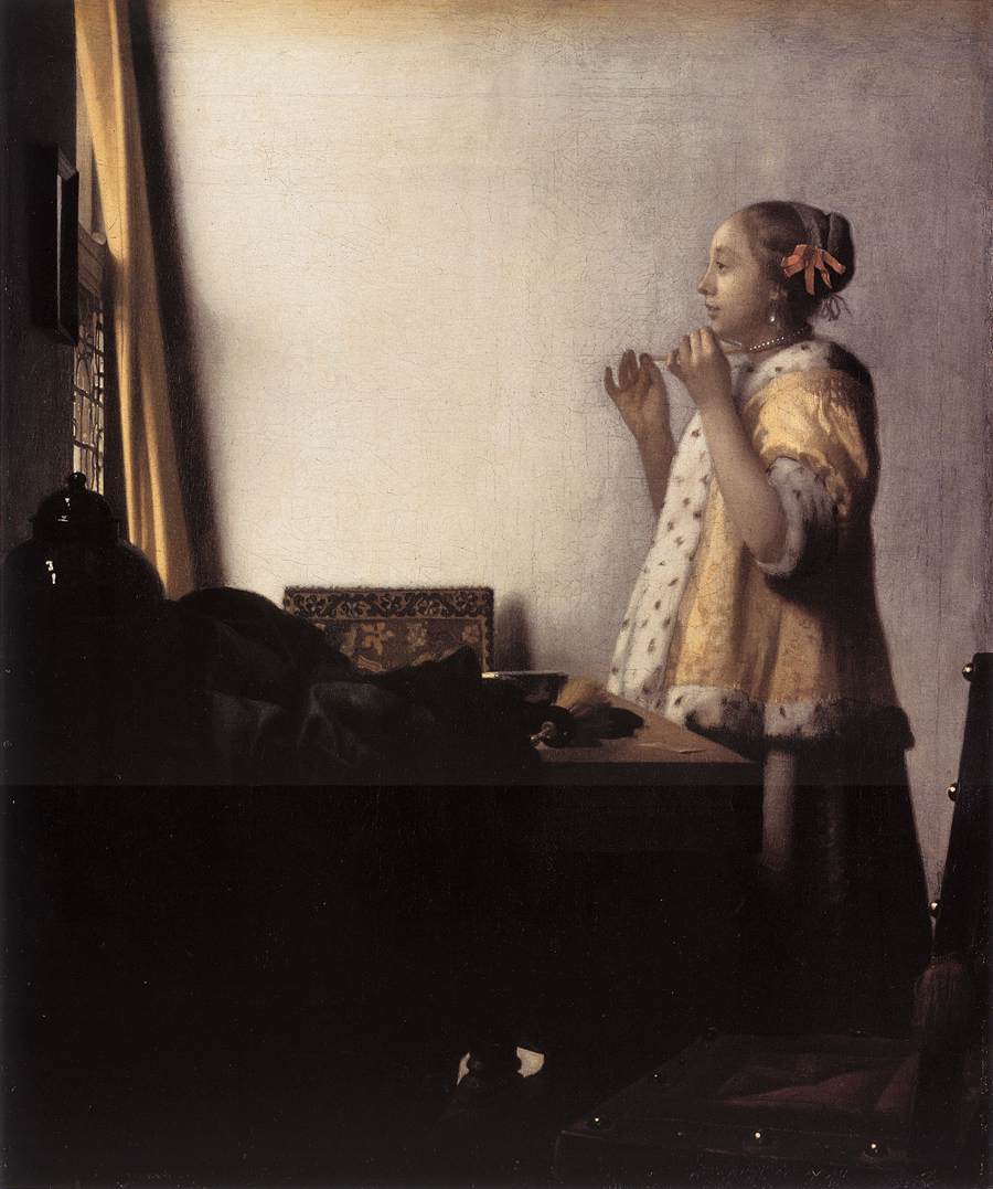 Woman with a Pearl Necklace, vintage artwork by Johannes Vermeer, 12x8" (A4) Poster