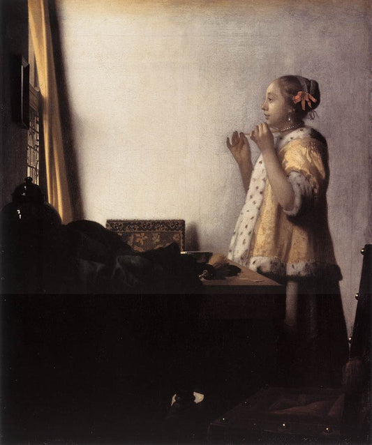 Woman with a Pearl Necklace, vintage artwork by Johannes Vermeer, 12x8" (A4) Poster