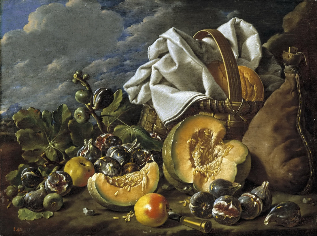 Still Life with Pumpkin, Figs, Wineskin and Basket, vintage artwork by Luis Melendez, 12x8" (A4) Poster