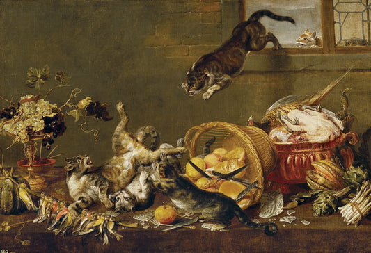 Catfight in a Pantry, vintage artwork by Paul de Vos, 12x8" (A4) Poster
