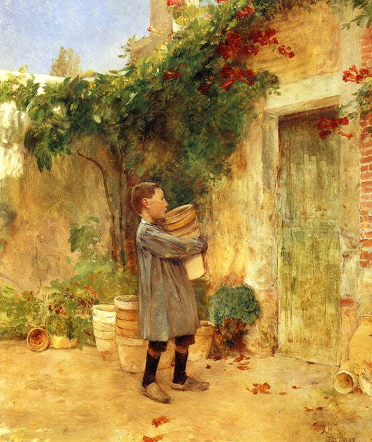 Boy with Flower Pots, vintage artwork by Childe Hassam, 12x8" (A4) Poster