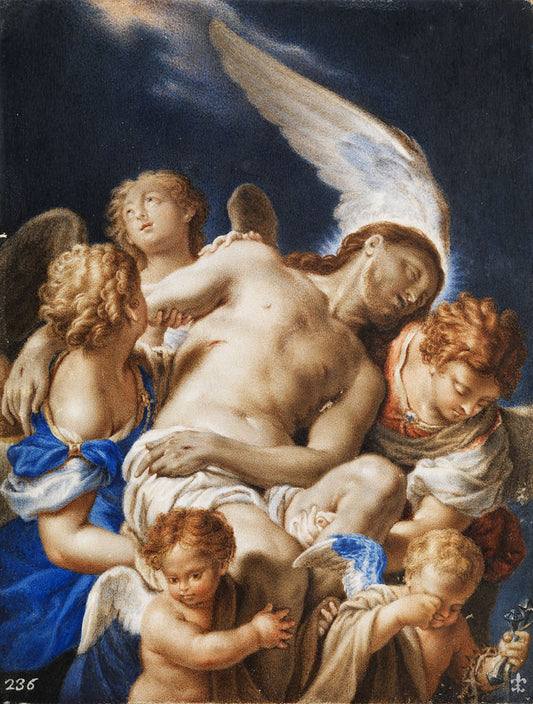 Angels Carrying the Body of Christ, vintage artwork by Francesco Trevisani, 12x8" (A4) Poster