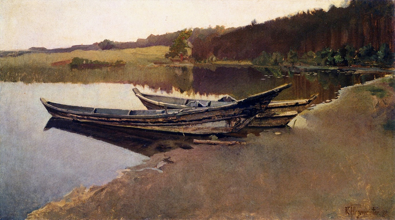 Two Boats on the Lake Shore, vintage artwork by Karl Hagemeister, 12x8" (A4) Poster