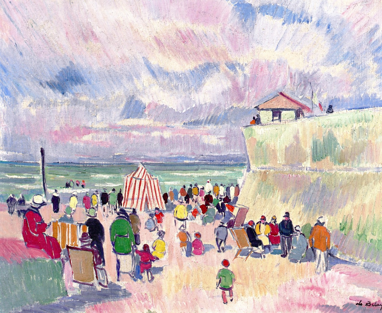 Villerville, Busy Beach, vintage artwork by Pierre de Belay, A3 (16x12") Poster Print