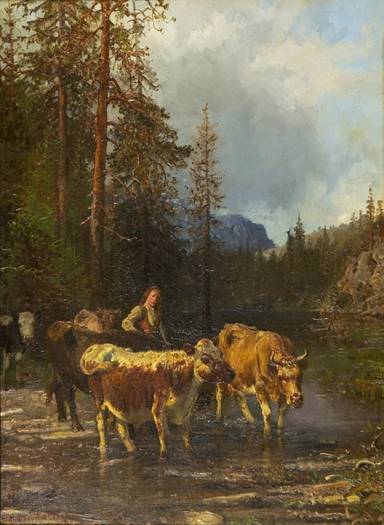 Milkmaid and Cows by  Watering Place, vintage artwork by Anders Monsen Askevold, 12x8" (A4) Poster