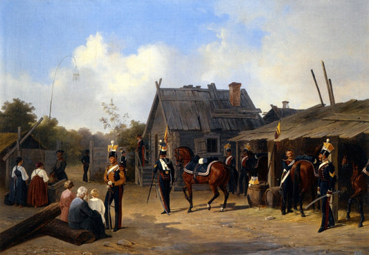 Soldiers Bivouacking in a Village, vintage artwork by Adolf Ignatevich Ladurner, A3 (16x12") Poster Print