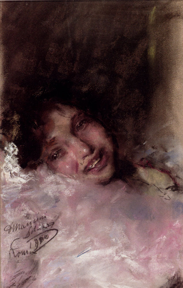 A Young Girl Laughing, vintage artwork by Antonio Mancini, 12x8" (A4) Poster