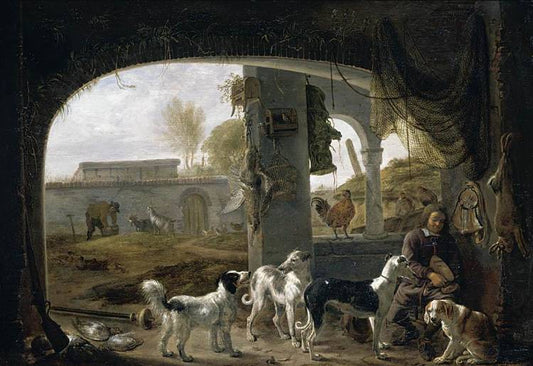Huntsman Feeding His Dogs, vintage artwork by Cornelis Saftleven, 12x8" (A4) Poster