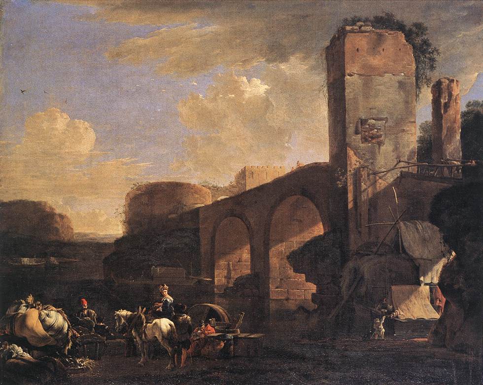 Italianate Landscape with a River and an Arched Bridge, vintage artwork by Jan Asselijn, 12x8" (A4) Poster