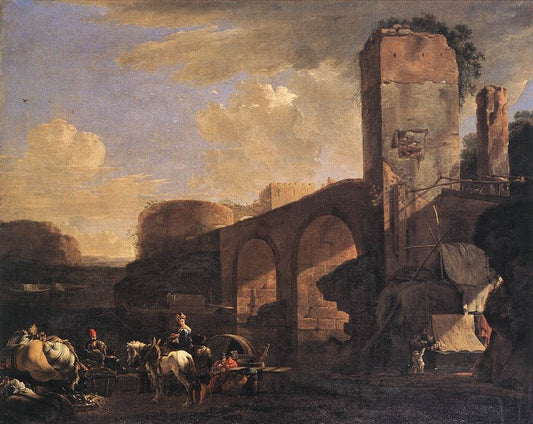 Italianate Landscape with a River and an Arched Bridge, vintage artwork by Jan Asselijn, 12x8" (A4) Poster