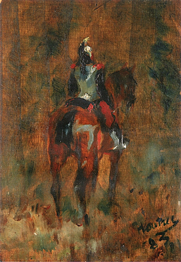 Cuirassier with Horse, from Behind (sketch), vintage artwork by Henri de Toulouse-Lautrec, 12x8
