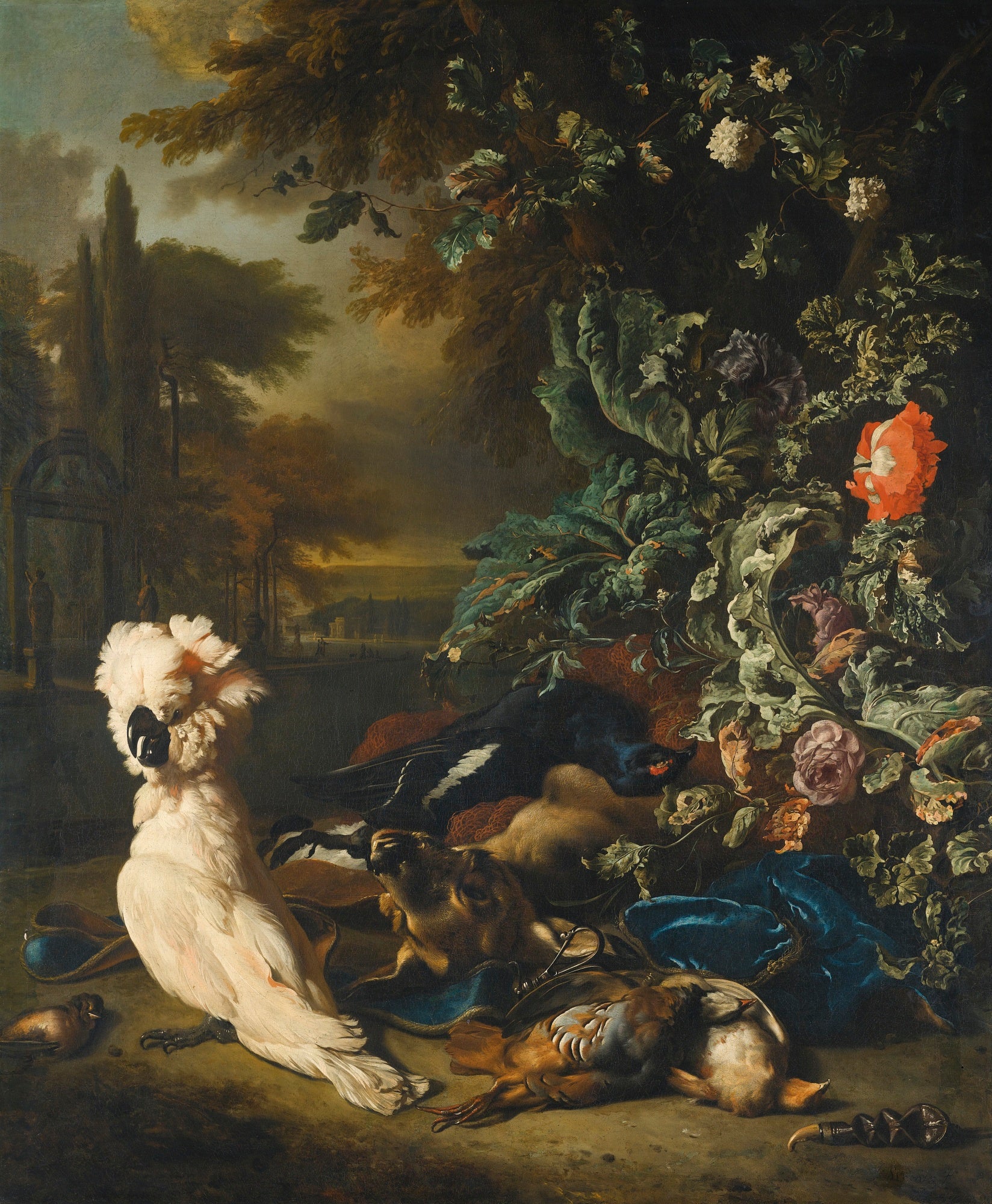 Still Life of Gamebirds, a Stag and Flowers, vintage artwork by Jan Weenix, 12x8" (A4) Poster