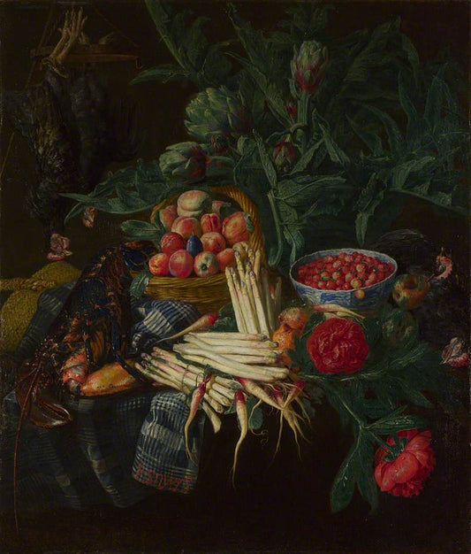 Still Life with Fruit, Vegetable, Dead Chickens and a Lobster, vintage artwork by Peeter Snyers, 12x8" (A4) Poster