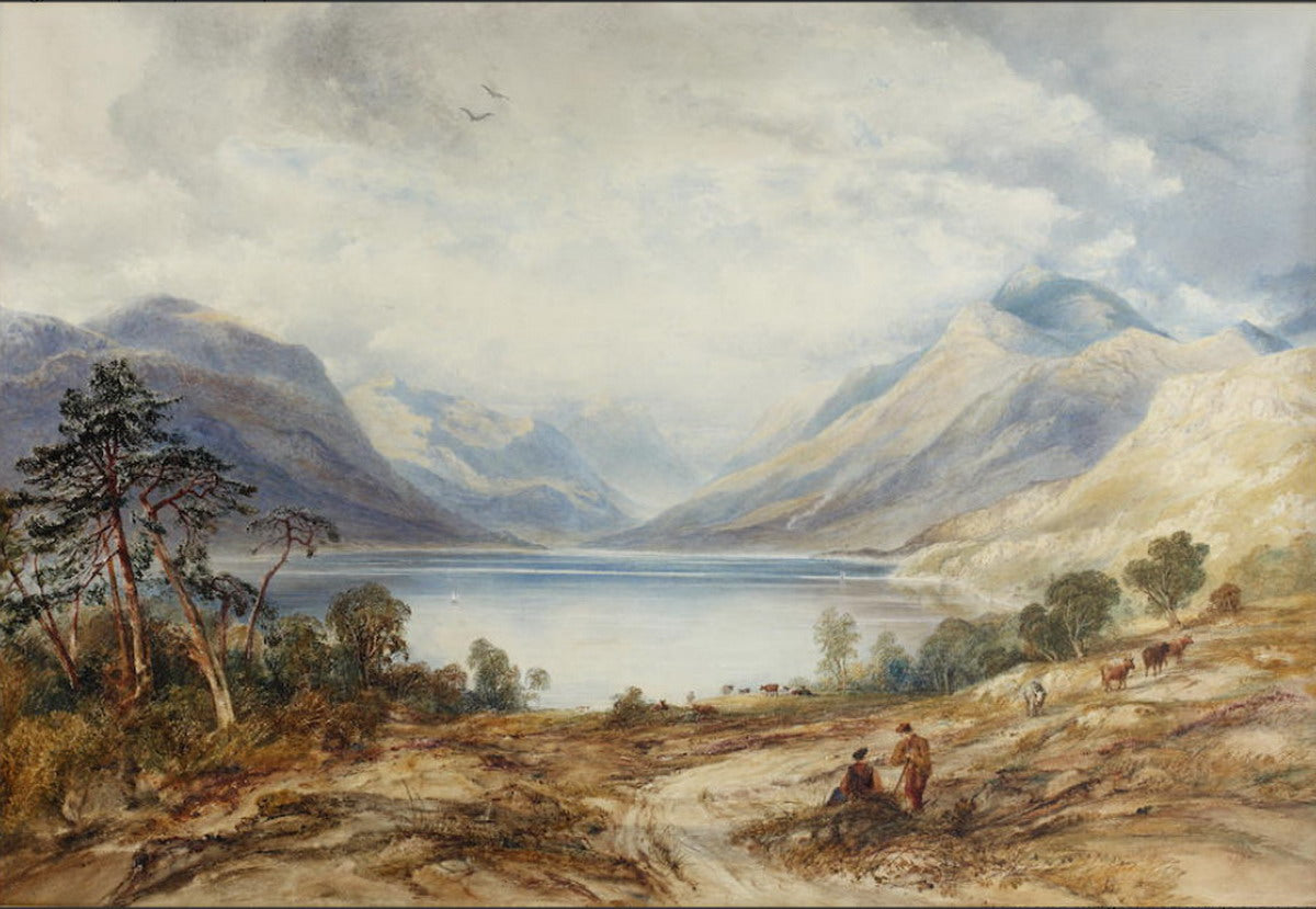 Loch Lomond with Figures and Cattle in the Foreground, Ben Lomond Beyond, vintage artwork by Anthony Vandyke Copley Fielding, 12x8" (A4) Poster
