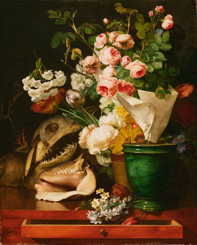 Still Life with Flowers, Shells, a Shark's Head, and Petrifications, vintage artwork by Antoine Berjon, 12x8" (A4) Poster
