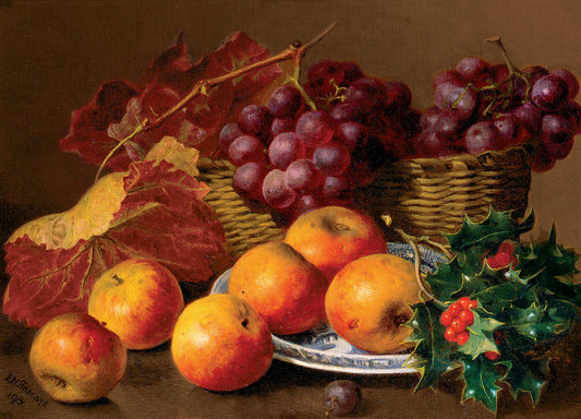Still Life of Apples and Holly With A Basket of Grapes, vintage artwork by Eloise Harriet Stannard, 12x8" (A4) Poster