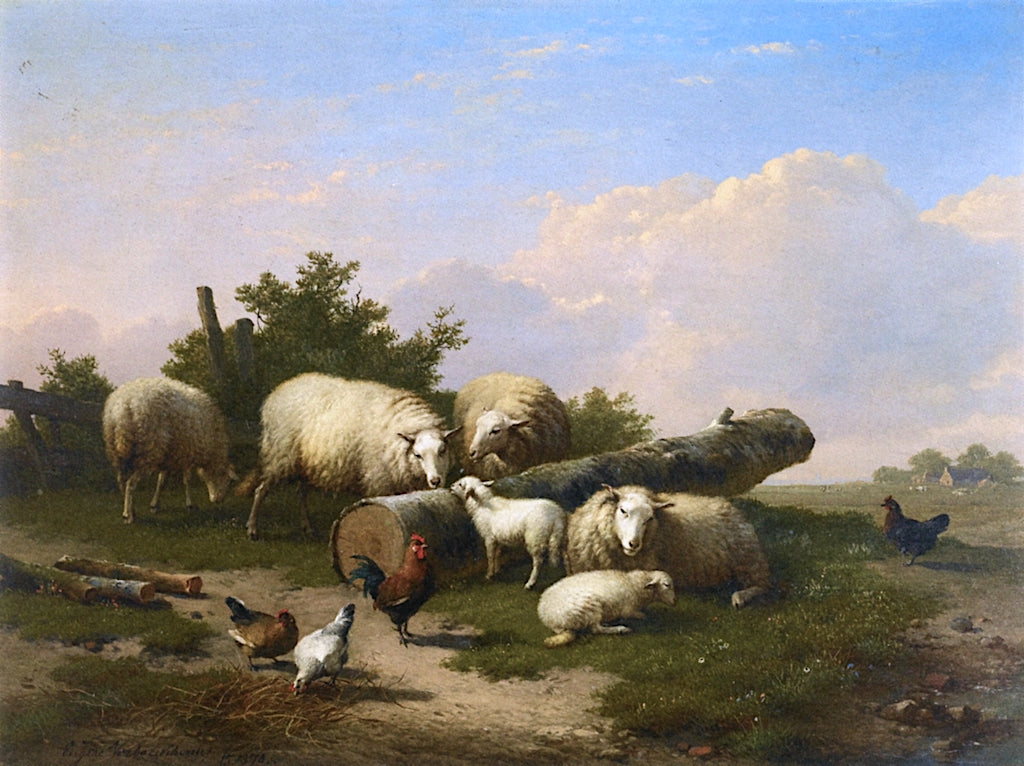 Sheep and Chicken in a Landscape, vintage artwork by Eugene Verboeckhoven, A3 (16x12") Poster Print