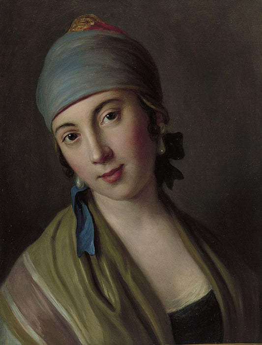 Portrait of a woman with a blue scarf and a striped scarf, vintage artwork by Pietro Antonio Rotari, 12x8" (A4) Poster