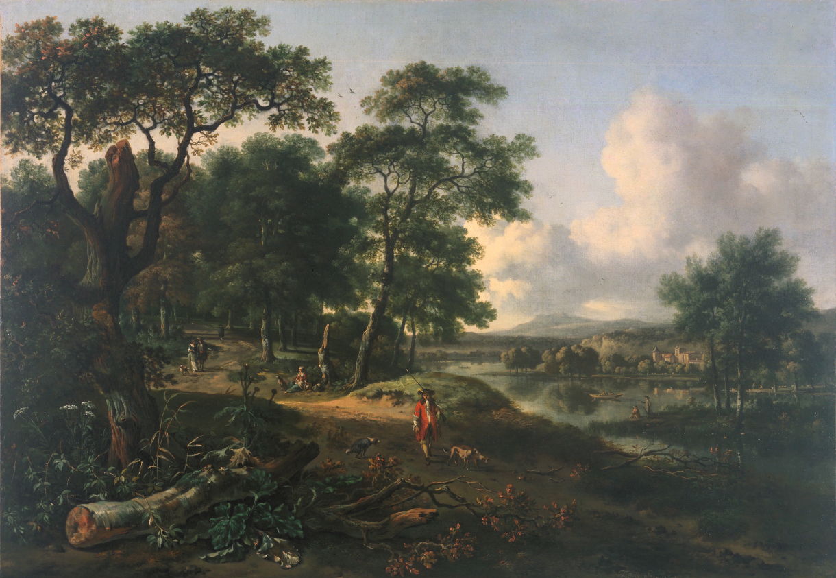 Landscape with Huntsman and Dogs, vintage artwork by Jan Wijnants, 12x8" (A4) Poster