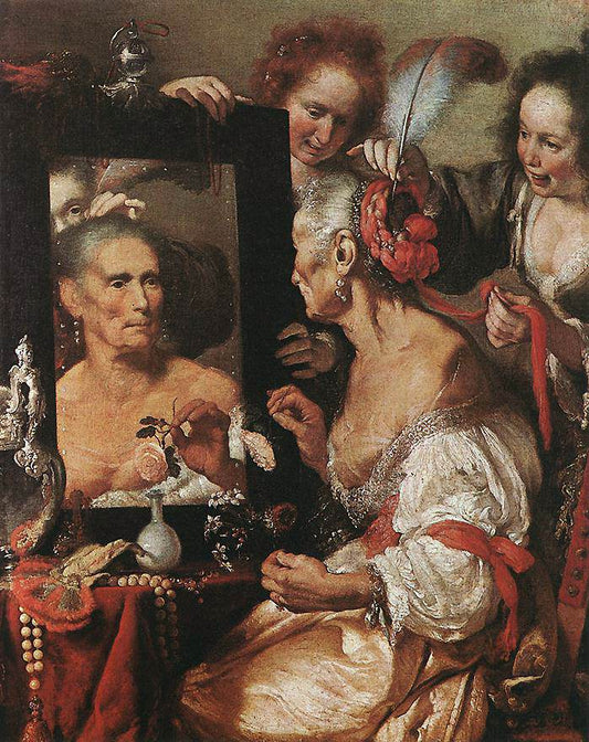 An Old Woman Appearing Before a Mirror, vintage artwork by Bernardo Strozzi, 12x8" (A4) Poster