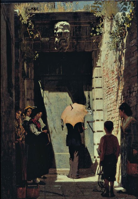 Entrance of a patrician house in Venice, vintage artwork by Giacomo Favretto, 12x8" (A4) Poster