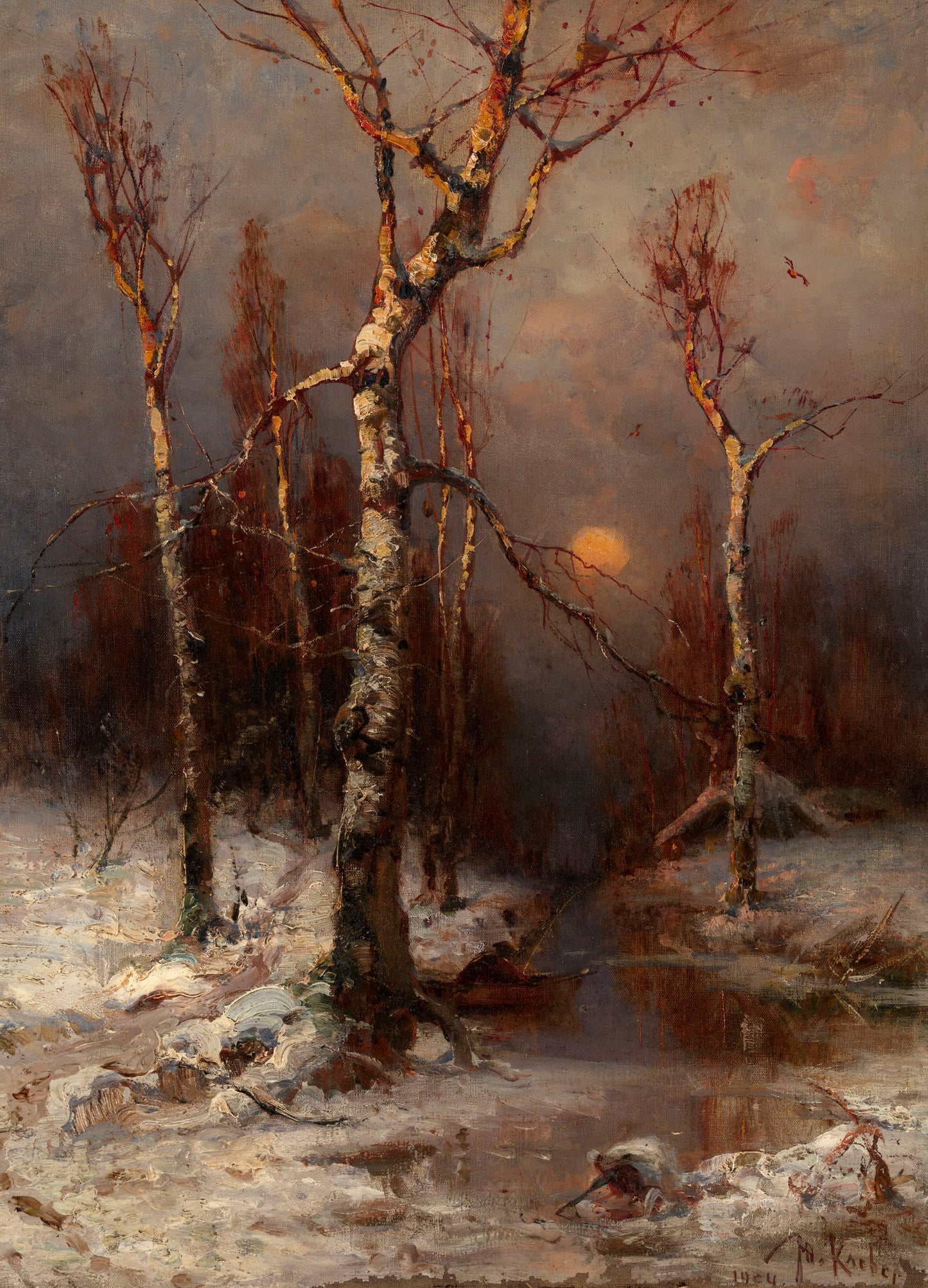 Sunset in a Winter Forest, vintage artwork by Julius Klever, 12x8" (A4) Poster